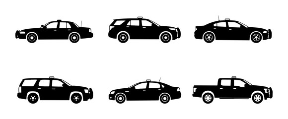 Police Car Icons, Law Enforcement Vehicles, Patrol Cars, Black Silhouette Set © Aditya