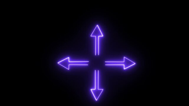 Abstract neon arrows pointing in four directions creating dynamic motion graphic loop on black background.