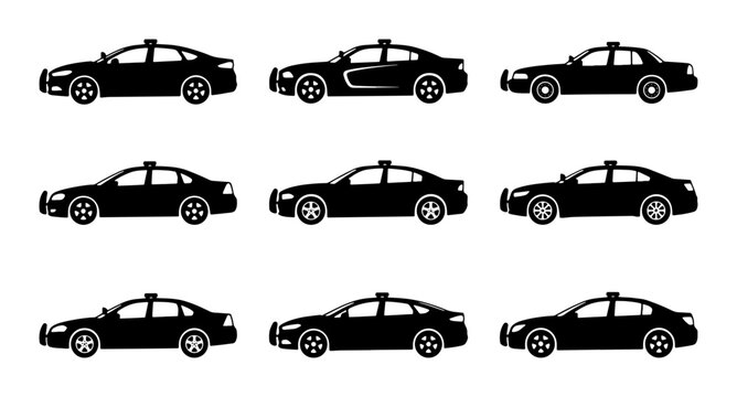 Black Sedan Icons, Taxi Car Silhouettes, City Transport Vector Set