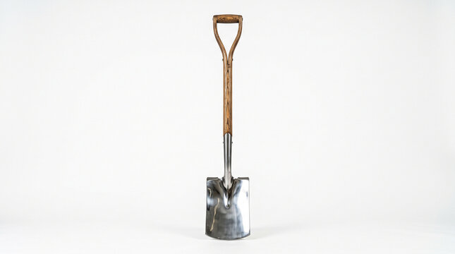 Metal spade with polished blade and dark wooden handle stands upright against a plain white background for professional photography display