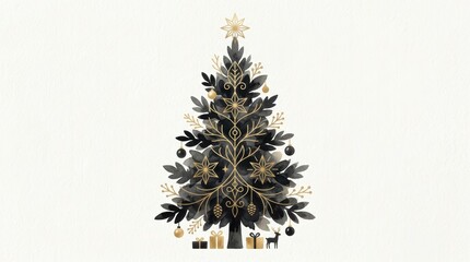 Naklejka premium Elegant minimalist christmas tree in black and gold watercolor style isolated on white background