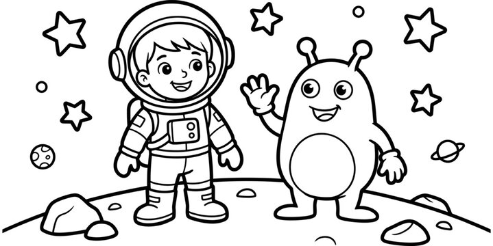 A black and white coloring page featuring a cute astronaut standing on the moon with a friendly alien