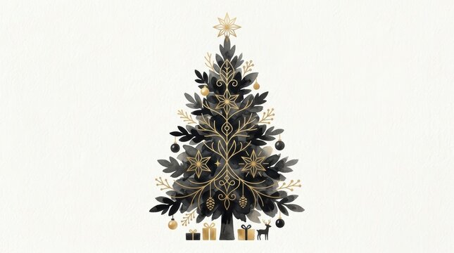 Elegant minimalist christmas tree in black and gold watercolor style isolated on white background