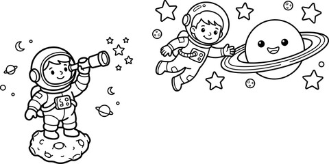 Cute cartoon astronaut characters exploring space with planets and stars in a fun black and white coloring page © SHOAIB