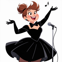 Fototapeta premium Vibrant cartoon illustration of an Opera Singer woman with a gigantic bow tie radiating exuberance on a white background.