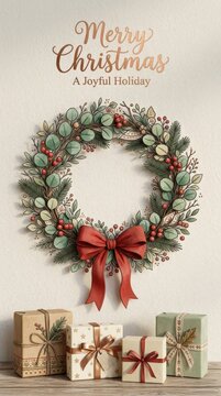 Merry christmas greeting card with elegant watercolor wreath, red bow, and festive gift boxes on a light background