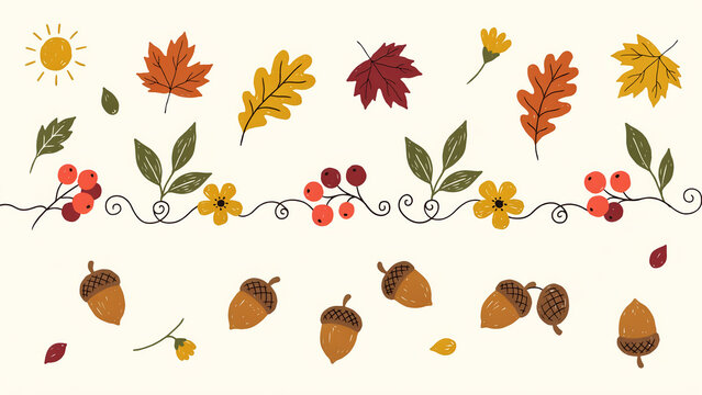 Autumn leaves and acorns illustration set, hand drawn fall foliage elements, rustic botanical design set for thanksgiving cards