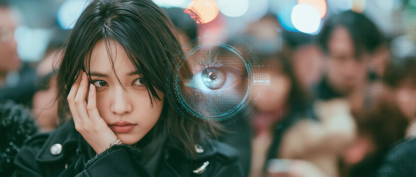 Japanese commuter covering face from holographic AI eye showing facial recognition rejection privacy concern and digital surveillance resistance