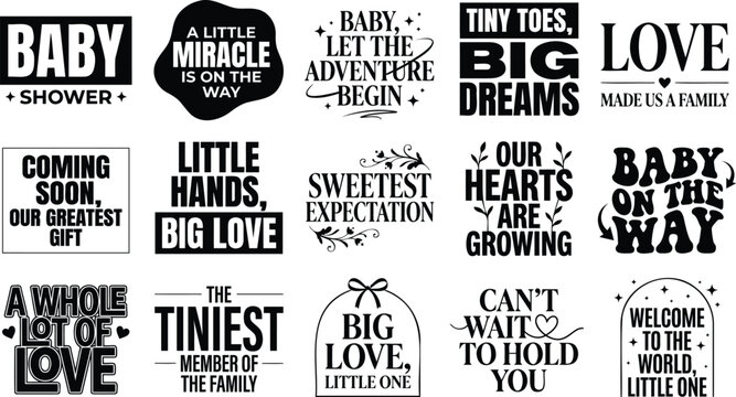 Set of fifteen hand lettered baby themed quotes and phrases for nursery decor and greeting cards