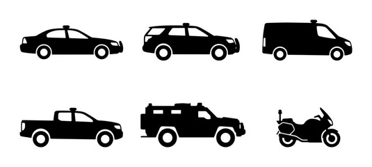 Police Vehicle Icons Set, Law Enforcement Transport Silhouettes, Security Car Collection © Boby