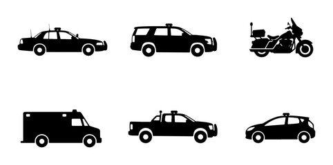 Police and Emergency Vehicle Icons: Law Enforcement, Ambulance, Motorcycle, SUV, Truck © Boby