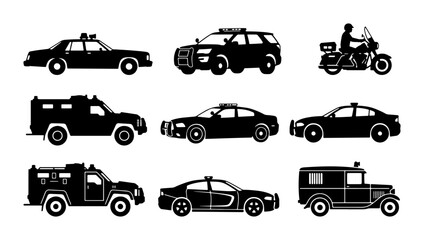 Police Car Icons, Law Enforcement Vehicles, Security Transport, Emergency Services Vector Set © Boby