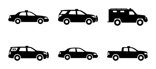 Police Vehicle Icons Set, Law Enforcement Cars, SUV, Truck, Security Van Vector Graphics © Boby