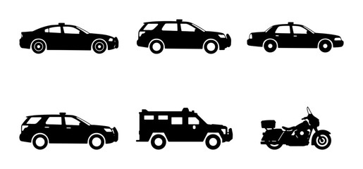 Police Vehicle Icons Set: Cars, SUV, Armored Truck, Motorcycle, Law Enforcement Collection © Boby