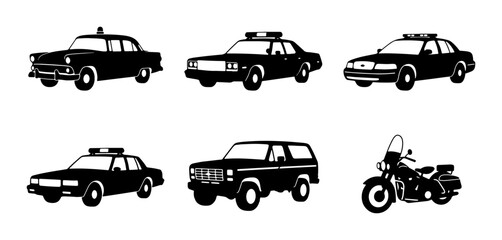 Police Car Icons, Law Enforcement Vehicles, Emergency Transport Set, Black Silhouette Vector Collection © Boby