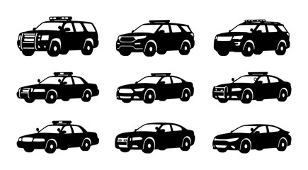 Police Car Icons, Law Enforcement Vehicle Silhouettes, Black Sedan and SUV Vector Set © Boby