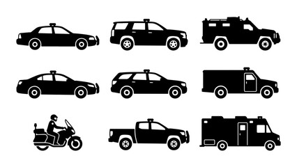 Police Vehicle Icons: Sedan, SUV, Armored Car, Motorcycle, Ambulance, Pickup Truck Set © Boby