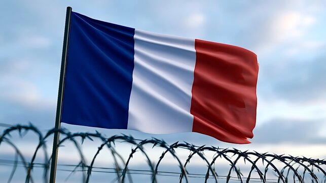 France flag waving over coiled barbed wire barrier