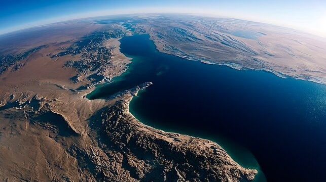 Earth surface showing desert landscape and deep blue sea