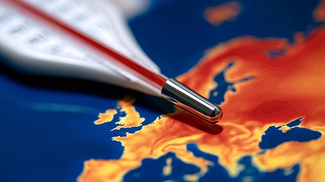 Thermometer showing rising temperatures on a europe heat map