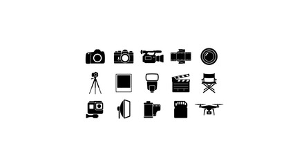 Fototapeta premium Photography Icons Set, Camera Equipment Vector Graphics, Digital Media Tools Collection