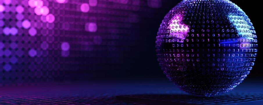 A digital sphere composed of binary code glows with purple and blue light