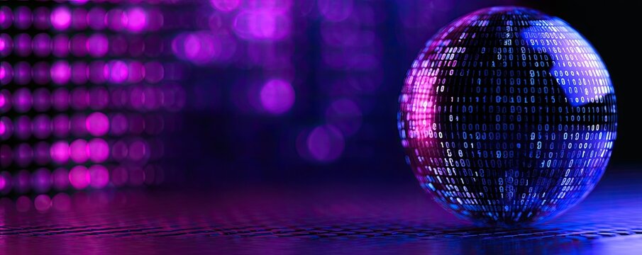 A luminous sphere composed of binary code reflects ambient purple light