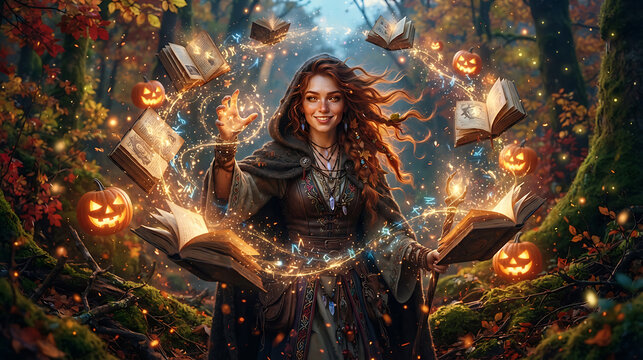 Witch casting magic spell with floating books and glowing pumpkins in enchanted forest