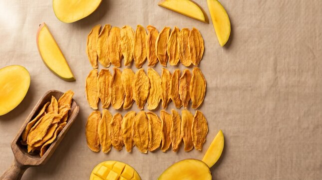 Organic dehydrated mango slices with dried fruit snacks on clean linen background with copy space