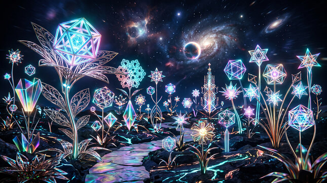 Glowing neon geometric flowers stand on dark rocky alien landscape under beautiful sprawling star filled galaxy in vibrant night sky