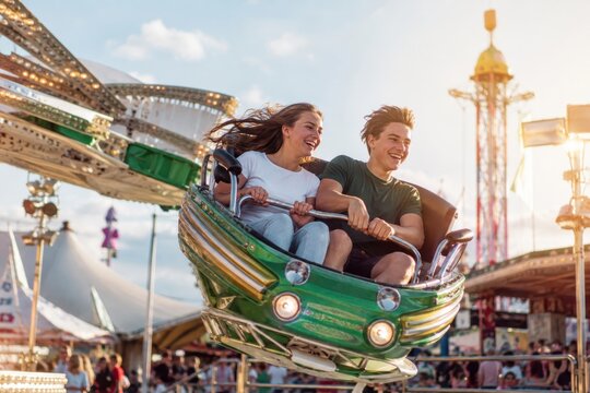 Fr&ouml;hliches junges Paar erlebt eine rasante Fahrt in einem Fahrgesch&auml;ft auf dem Volksfest. Sonniges Wetter, Bewegung und ausgelassene Stimmung stehen f&uuml;r Freizeit und Spa&szlig;.