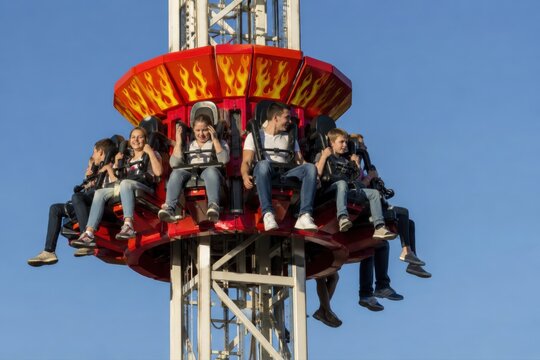 Besucher sitzen angeschnallt in einem hohen Fahrgesch&auml;ft auf einem Volksfest vor klarem blauem Himmel. Spannung, Nervenkitzel und Freizeitspa&szlig; pr&auml;gen die moderne Kirmes.