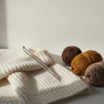 Knitting needles on a white knitted garment with balls of yarn in earthy tones, bathed in natural light, concept of handicraft and cozy leisure