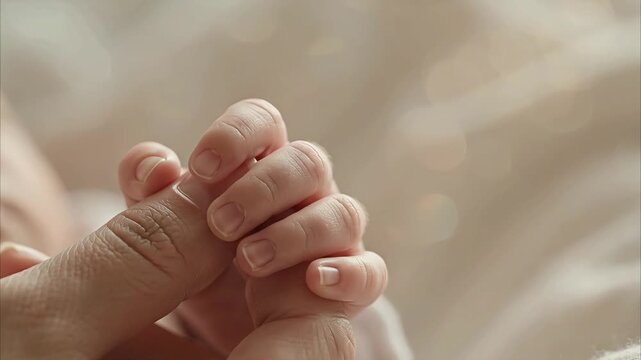Newborn baby holding parent finger with tiny hand in hospital maternity ward