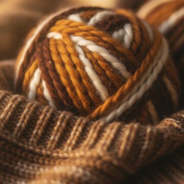 Close-up of a ball of variegated yarn in earthy tones resting on a knitted brown sweater, concept of warmth and handicraft