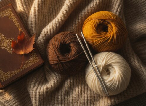Three balls of yarn in autumn colors with knitting needles, a book, and a dried leaf on a cozy knitted blanket, concept of autumn coziness and creative hobbies