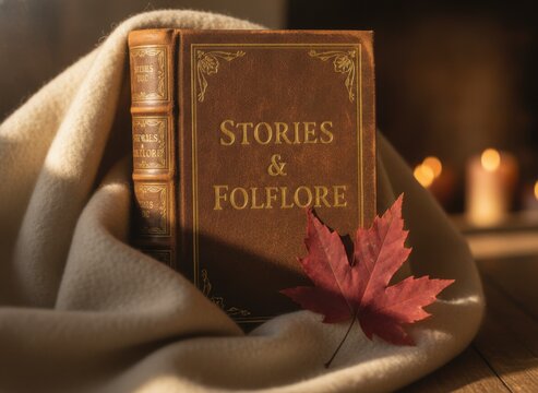 Vintage Book "Stories & Folklore" with Autumn Maple Leaf on a Cozy Blanket by Candlelight, concept of cozy autumn reading and storytelling