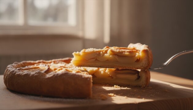 Slice of homemade apple pie being lifted from a whole tart on a wooden board with natural light, concept of homemade comfort and culinary delight