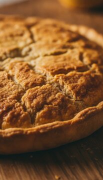 Close-up of a freshly baked golden brown pie crust on a wooden surface, concept of homemade comfort food