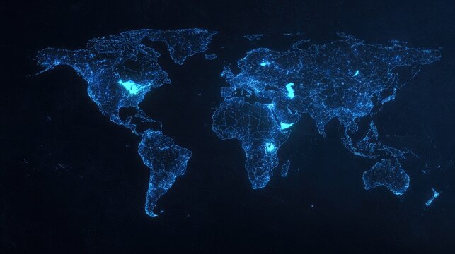Blue luminous network grid overlays a dark world map