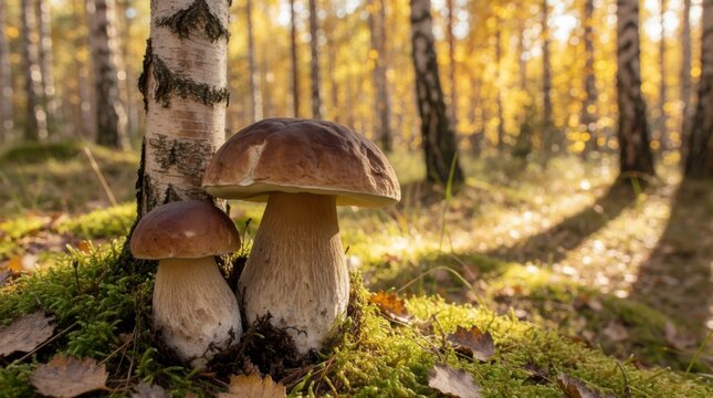 Two porcini mushrooms growing at the base of a birch tree in a sunlit autumn forest, concept of autumn harvest and natural beauty