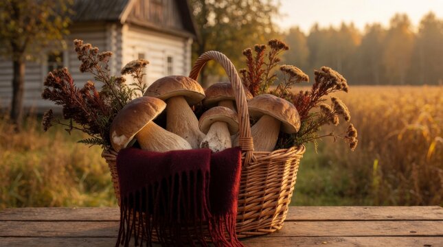 Wicker basket filled with freshly picked boletus mushrooms and dried plants on a wooden table outdoors with a rustic house and field in the background, concept of autumn harvest and natural abundance