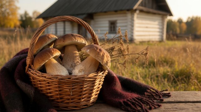 Wicker basket filled with freshly picked porcini mushrooms and a warm blanket on a wooden bench in a rural autumn landscape with a traditional wooden house in the background, concept of autumn abundan