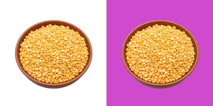 Top view of yellow split peas in a small clay bowl transparent png