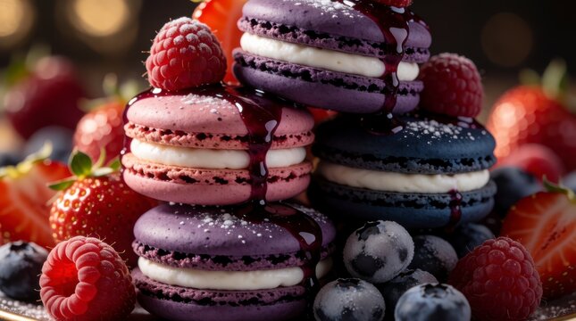 Stack of colorful French macarons with fresh raspberries, blueberries, and strawberries, drizzled with berry sauce, concept of sweet indulgence and gourmet dessert
