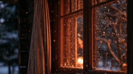 Naklejka premium Snowflakes drift gently outside a cozy cabin window while warm light fills the room during the winter evening.