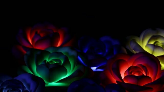 Nighttime Floral Light Installation Glowing Rose Flowers With Vibrant Neon Floral Lights in Dark Background For Romantic Event Decor And Creative Mood Atmosphere