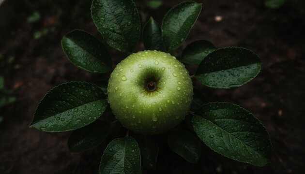 Fresh green apple with water drops on dark leaves and soil, top view, concept of freshness and natural growth