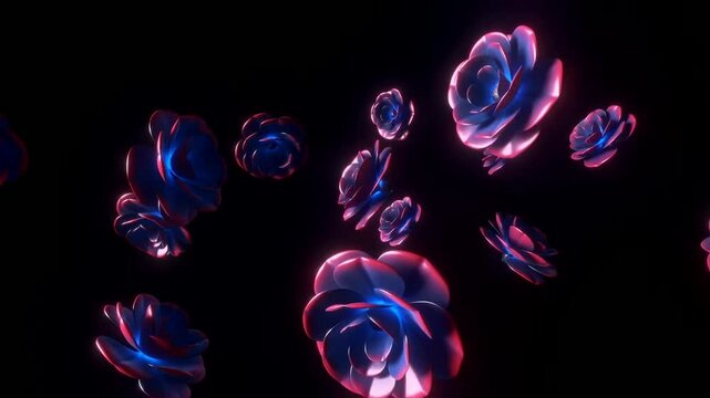 Nighttime Floral Light Installation Glowing Blue Flowers Floating in Dark Space Abstract Floral Digital Art Background For Modern Creative Design Projects And Ethereal Wallpapers