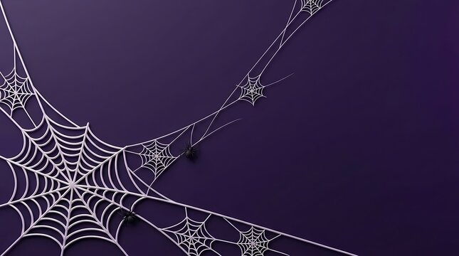 Spooky white spider web design on a dark purple background captured as a high resolution jpeg image file